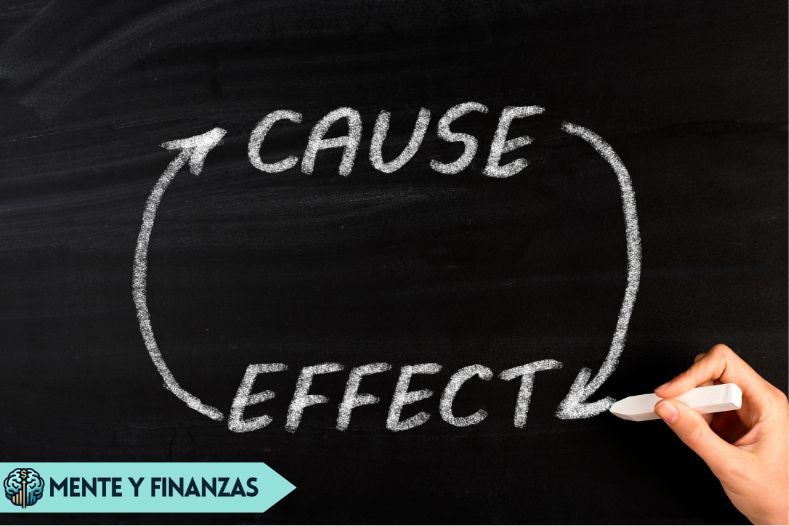 Representación de la ley de causa y efecto en acción, mostrando el impacto de los pensamientos en la realidad