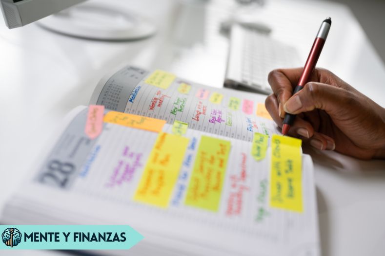 Cómo crear hábitos sólidos y diseñar la rutina perfecta Persona planificando su día con una libreta y marcadores de colores